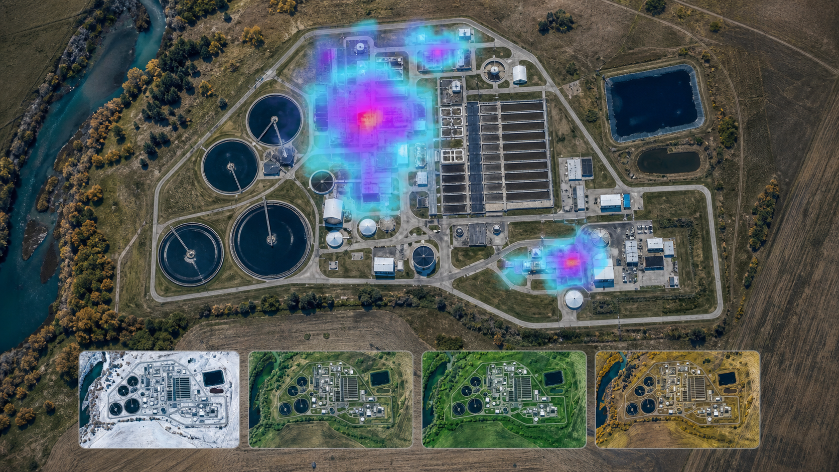Illustrative satellite view of a wastewater treatment facility with false-color methane monitoring overlays