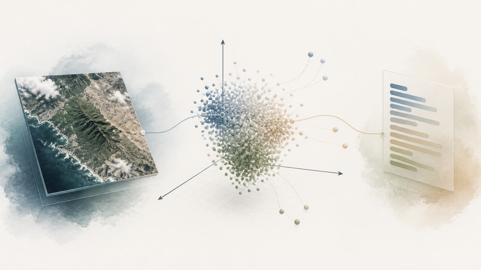 Illustrative placeholder showing remote-sensing imagery, a three-dimensional similarity space, and text features